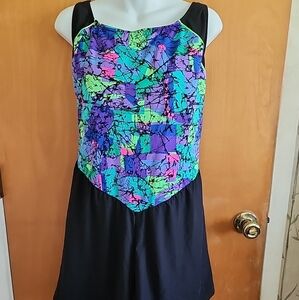 Inches Off Womens Plus Size 22 W Colorful Tropical One Piece Tank Swim Shorts